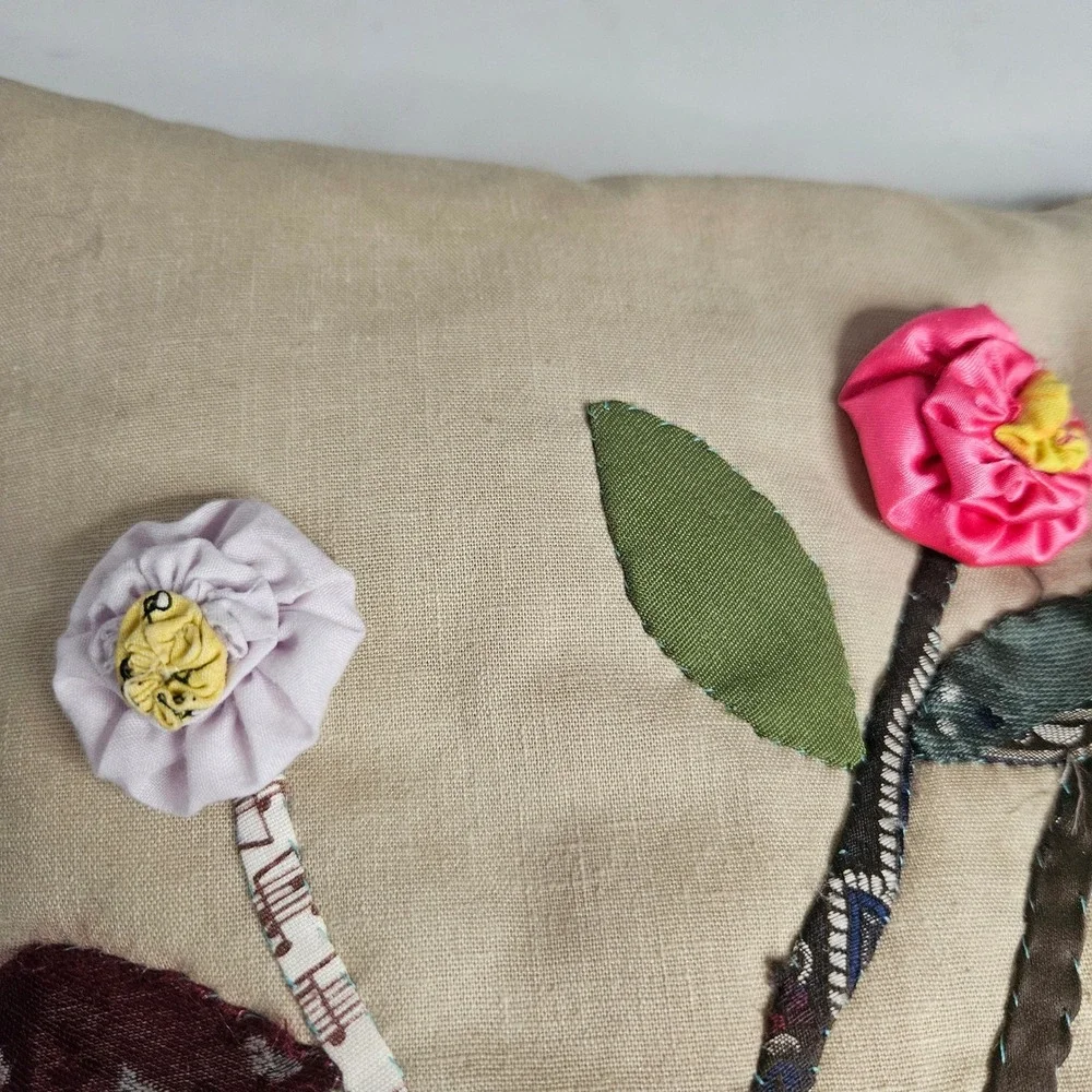 Vtg Handmade Floral Applique Throw‎ Pillow 3D Velvet Satin Flowers Cottagecore